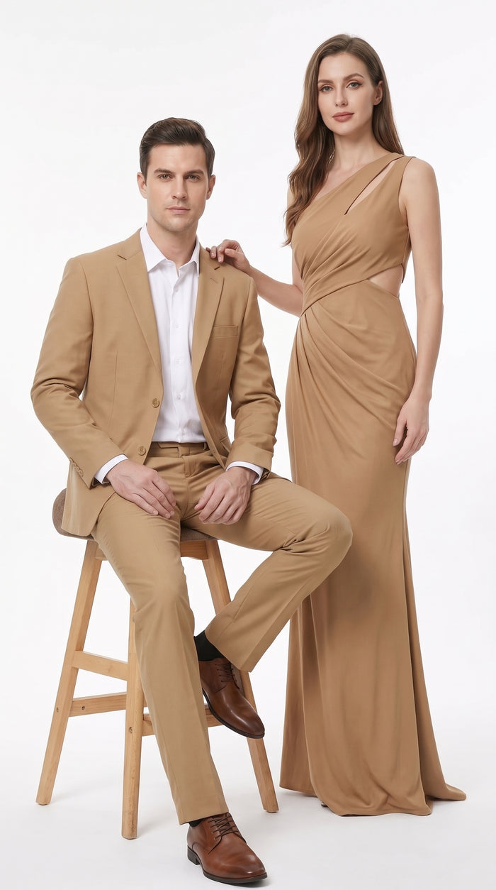 Men’s Khaki Beige 2 Button Business Suit, Camel Bronze Formal Dress Suit for Weddings and Clearance Sale