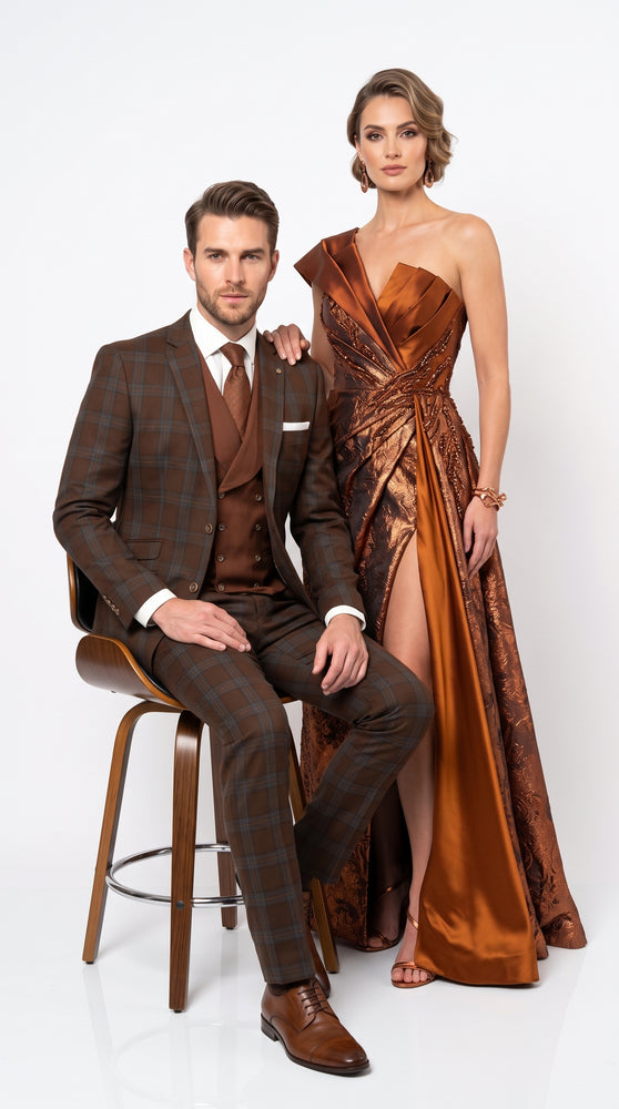 Statement Men’s Brown Plaid 3 Piece Wool Suit, Classic Fashion Suit with Double Breasted Vest