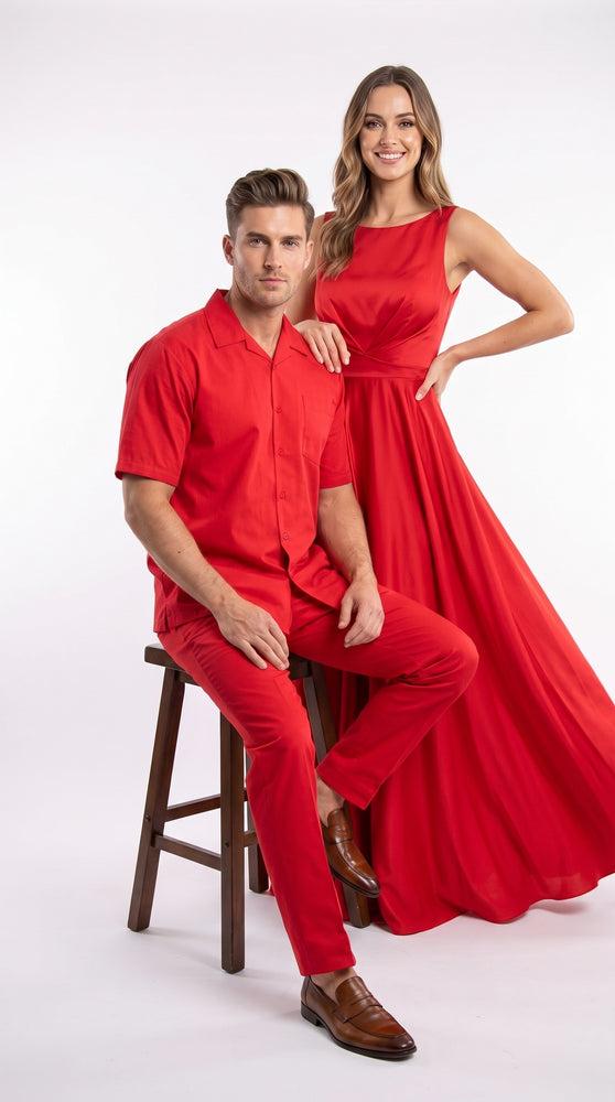 Men’s Red Linen Shirt and Pants Set – 2 Piece Short Sleeve Summer Walking Suit Casual Outfit