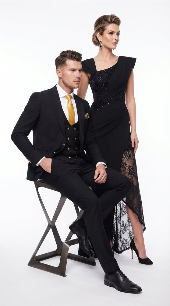 Men’s Black Slim-Fit 3-Piece Suit with Gold Buttons – Double-Breasted Vest Wedding and Formal Suit