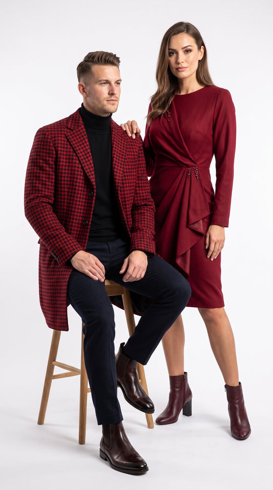 Men’s Red and Black Plaid Peacoat – Wool-Blend Houndstooth Winter Overcoat