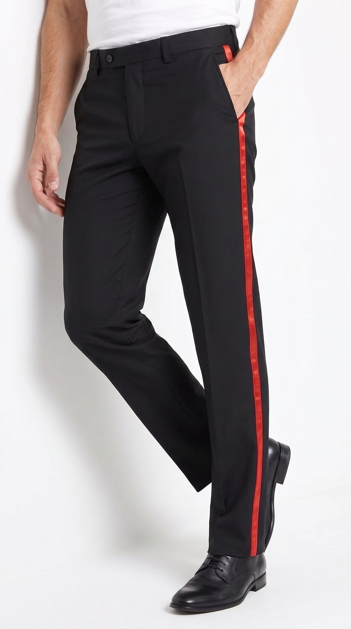 Men’s Black Tuxedo Pants with Red Satin Side Stripe, Classic Fit Flat or Pleated Formal Slacks