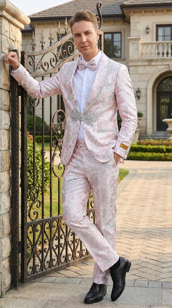 Men’s Pink Floral Paisley Prom Tuxedo with Silver Trim, Fancy Wedding Party Dinner Jacket Suit