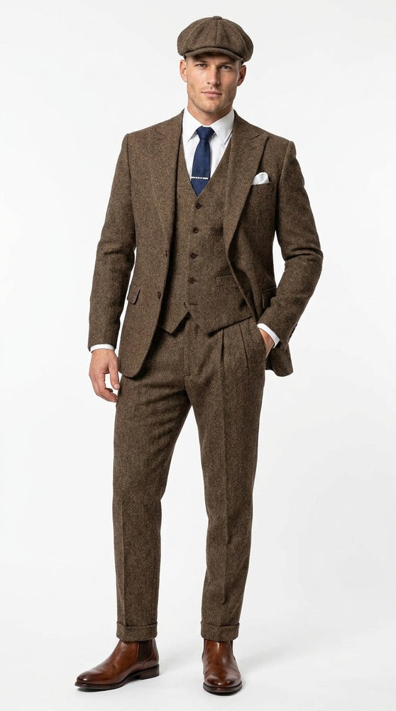 Men’s Brown Tweed Peaky Blinders Suit, Classic Vintage 3 Piece Gentleman’s Dress Suit