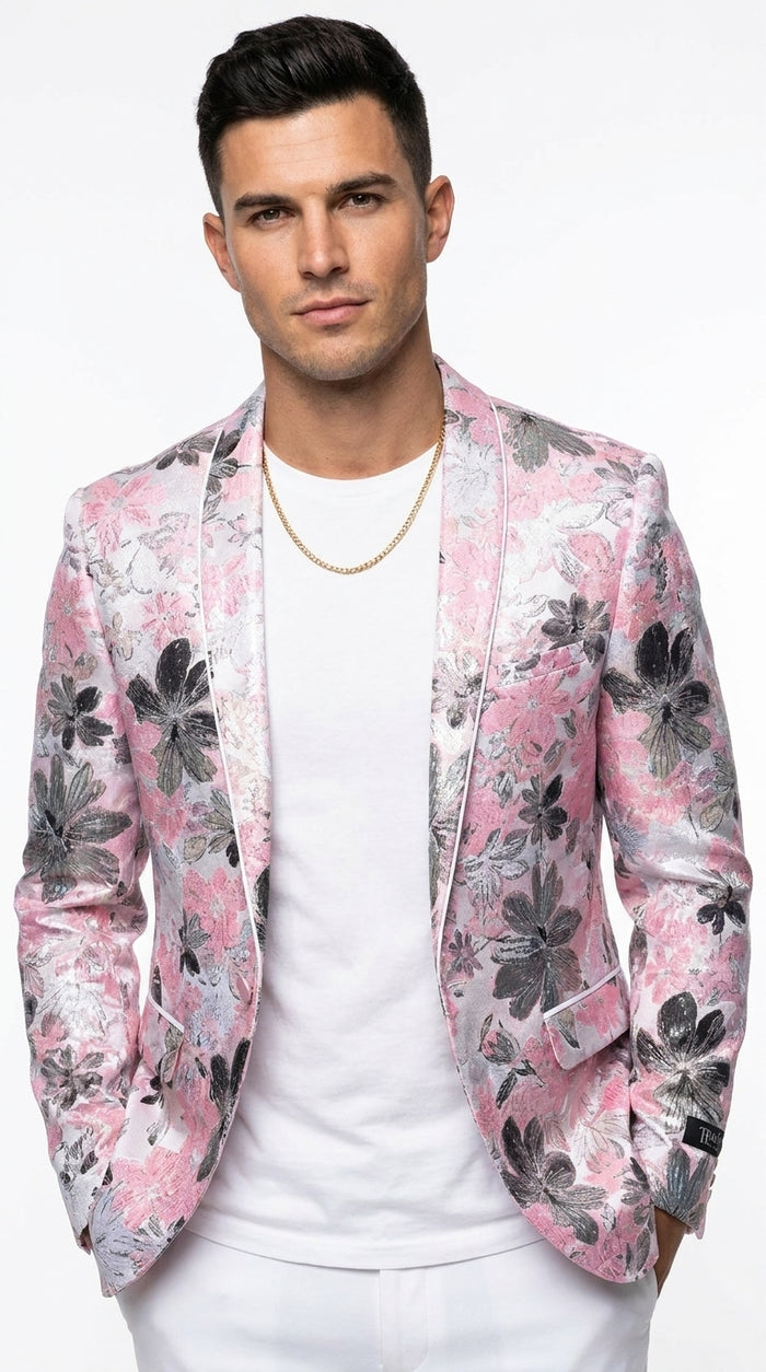 Men’s Pink Paisley Shawl Lapel Prom Tuxedo Jacket, Floral Formal Wedding Dinner Blazer