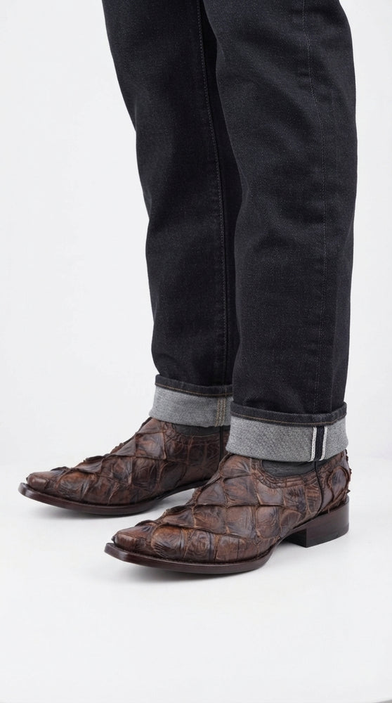 Men’s Brown Fish Skin Cowboy Boots, Exotic Western Dress Boots in Café Brown