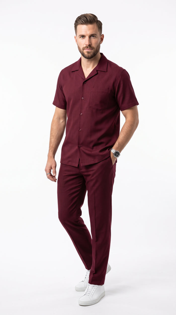 Men’s Burgundy Walking Suit, Big and Tall Casual Shirt and Pants Set up to 6XL