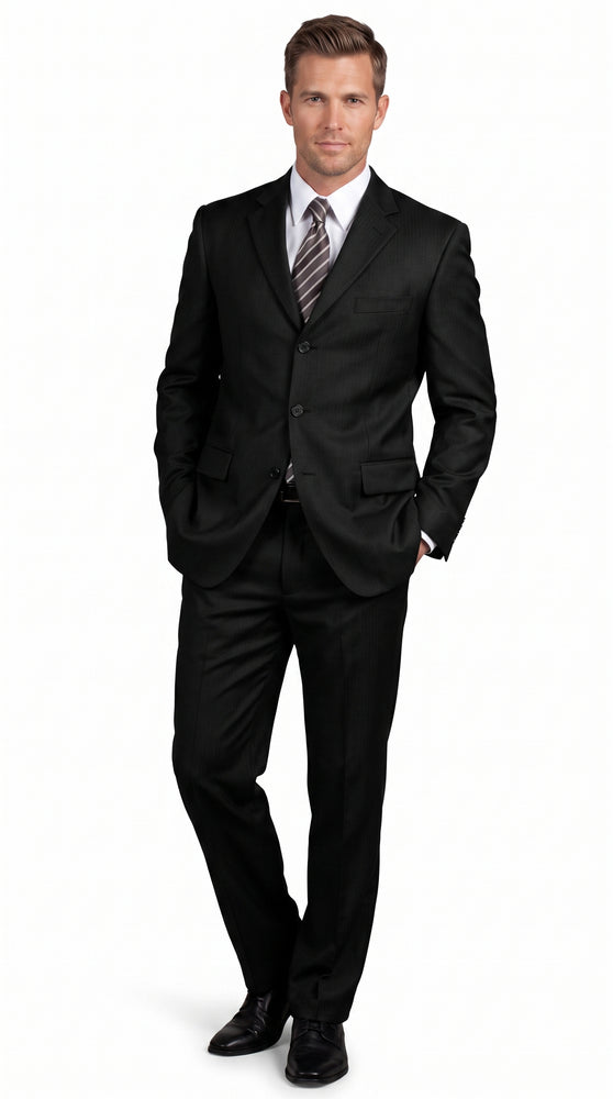 Men’s Black 3 Button 100% Wool Suit, Classic Business Formal Wedding Dress Suit