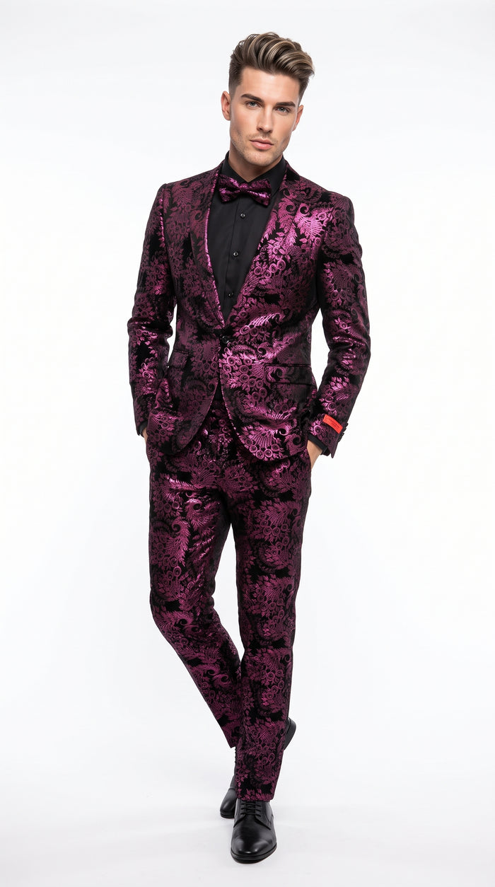 Men’s Black and Deep Pink Floral Tuxedo Suit, Slim Fit 2 Piece Formal Prom Wedding Suit with Bow Tie