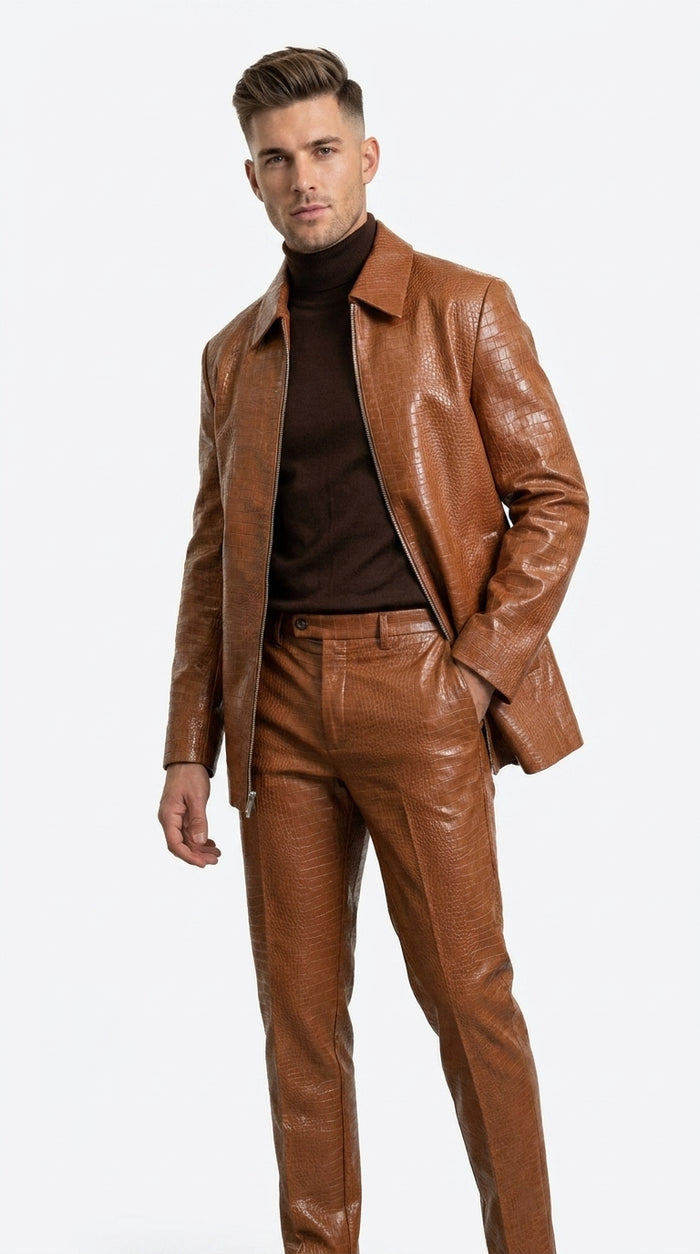 Men’s Rust Crocodile Print Vegan Leather Leisure Suit BP6793, Zip Jacket and Pants Set