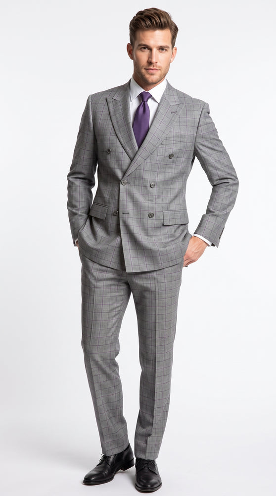 Men’s Grey Glen Plaid Double Breasted Suit, Classic Wool Feel Formal Wedding Business Suit