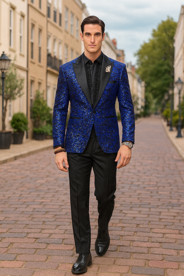 Glitter Sparkly Royal ~ Black Men's Sequin Paisley Dinner Jacket Tuxedo
