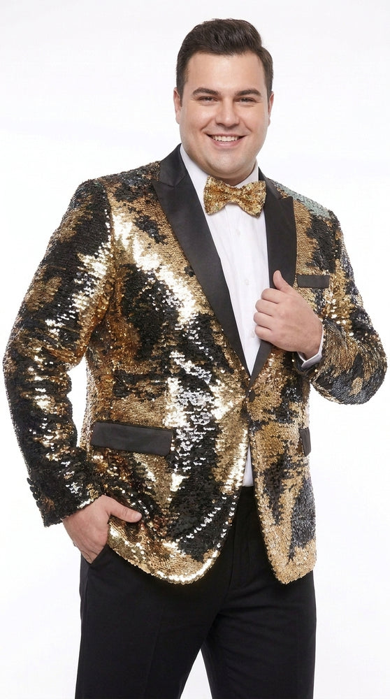 Men’s Big and Tall Black and Gold Sequin Blazer, Shiny Formal Tuxedo Sport Coat with Matching Bow Tie