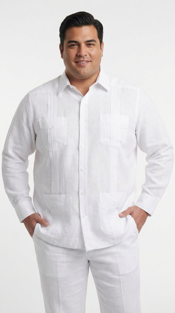 Men’s White 4 Pocket Short Sleeve Guayabera Shirt, Pleated Casual Dress Shirt
