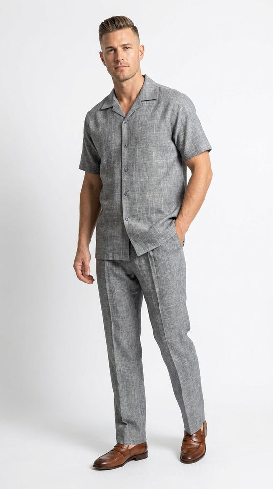 Men’s Grey Walking Suit, Casual Short Sleeve Shirt and Pants Set