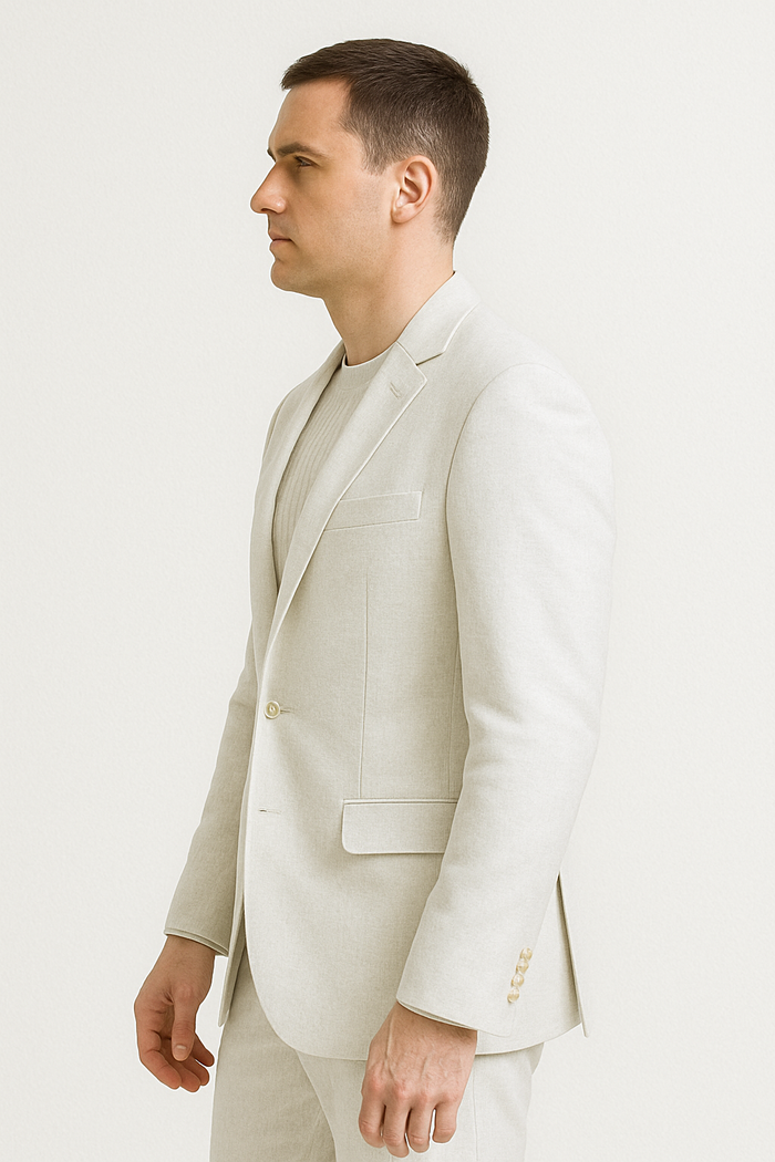 Mens Two Piece Linen Suit Relaxed Hybrid Fit No Collar