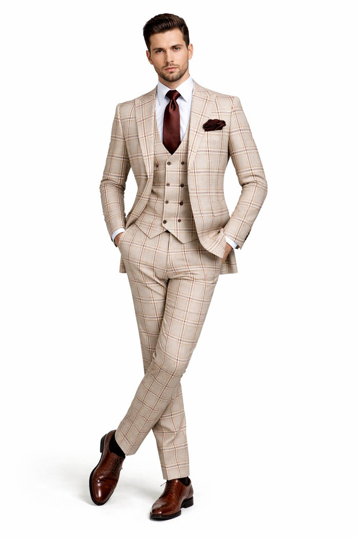 Beige & Brown Windowpane 3-Piece Modern Classic Suit by Rossiman