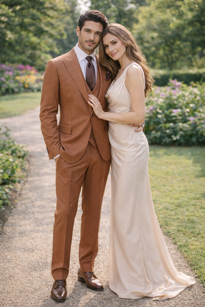 Cognac Windowpane 3-Piece Modern Executive Suit by Rossiman