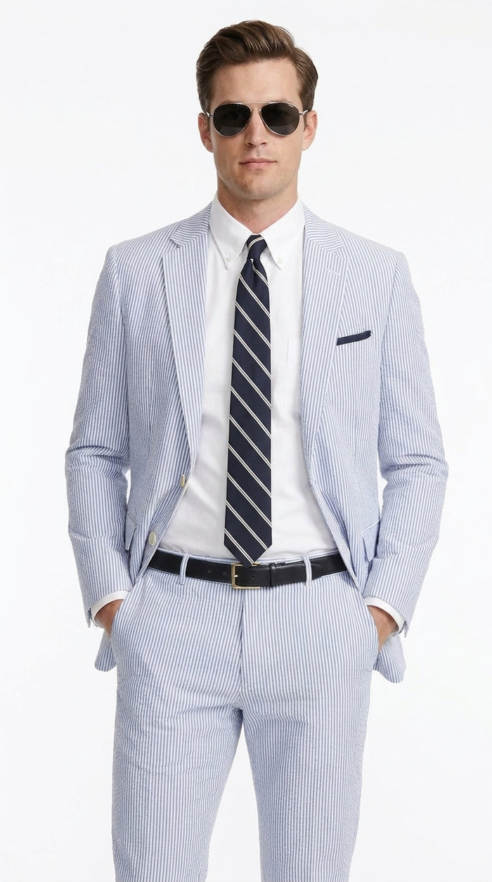 Men’s Dark Navy and White Seersucker Suit, 100% Cotton Classic Summer Wedding Suit