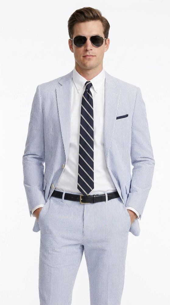 Men’s Dark Navy and White Seersucker Suit, 100% Cotton Classic Summer Wedding Suit