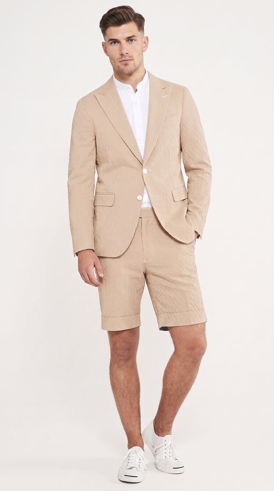 Men’s Camel Short Pants Suit Set, Peak Lapel Summer Business Sport Coat and Shorts Outfit