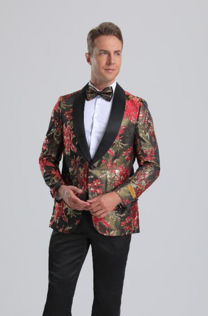 Men's Red & Gold Floral Paisley Prom 2026 Tuxedo Jacket - 60 Days Delviery