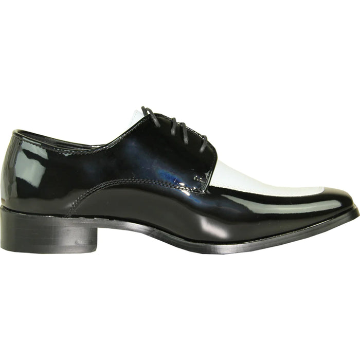 Bravo Mens Classic Moc Toe Shiny Patent Tuxedo Prom Shoe in Black & White