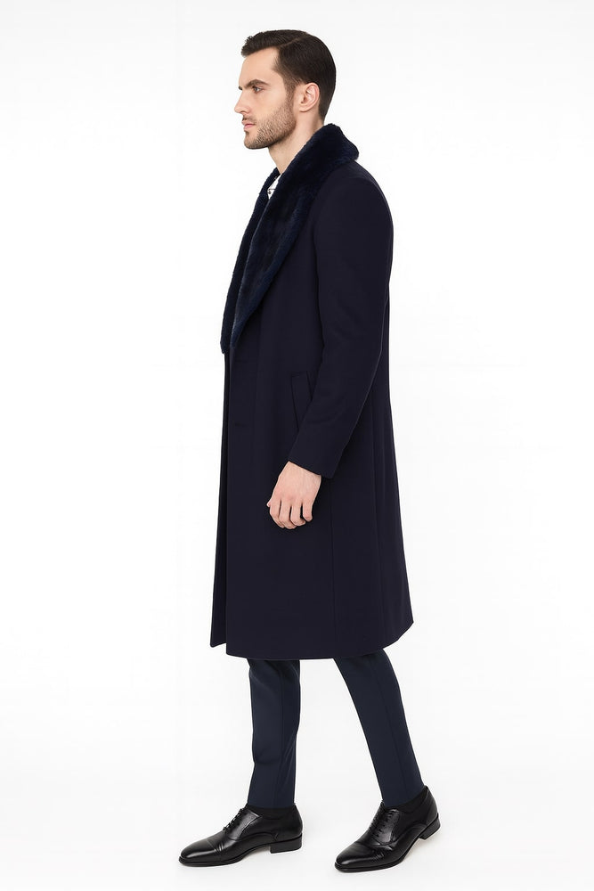 Mens Navy Blue Overcoat with Faux Fur Collar – Luxury Long Winter Coat for Formal and Casual Wear Topcoat
