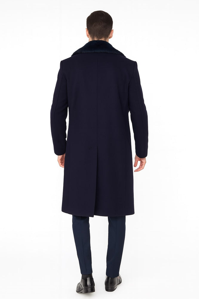 Mens Navy Blue Overcoat with Faux Fur Collar – Luxury Long Winter Coat for Formal and Casual Wear Topcoat