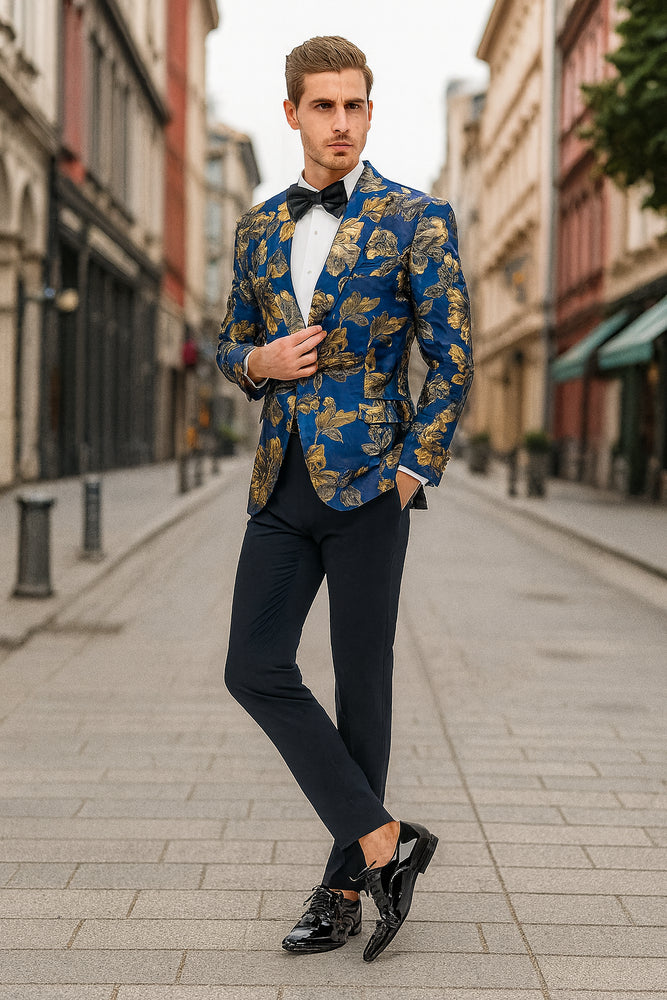 Mens Navy Blue and Gold Floral Tuxedo Jacket – Luxury Slim Fit Blazer with Gold Pattern Paisley Pattern Matching Bowtie