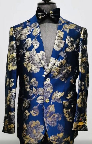 Mens Navy Blue and Gold Floral Tuxedo Jacket – Luxury Slim Fit Blazer with Gold Pattern Paisley Pattern Matching Bowtie