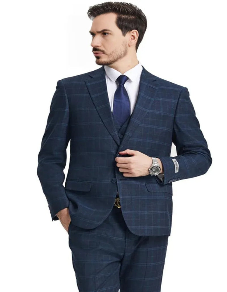 Men's Stacy Adams Vested Modern Fit Windowpane Plaid Navy Blue Suit