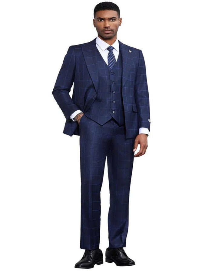Men's Stacy Adams Classic One Button Vested Navy Blue Windowpane Suit