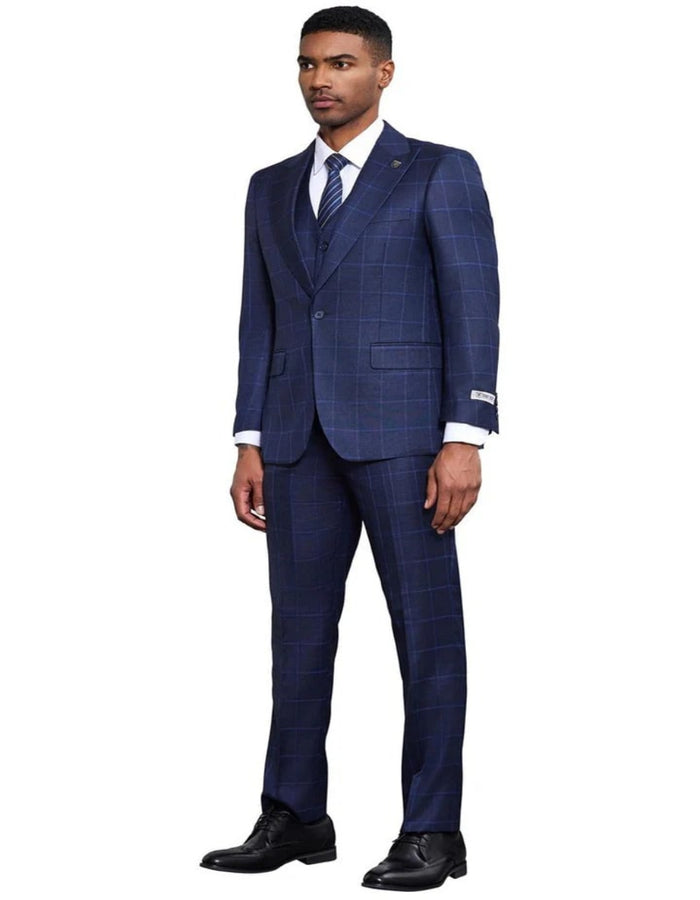 Men's Stacy Adams Classic One Button Vested Navy Blue Windowpane Suit