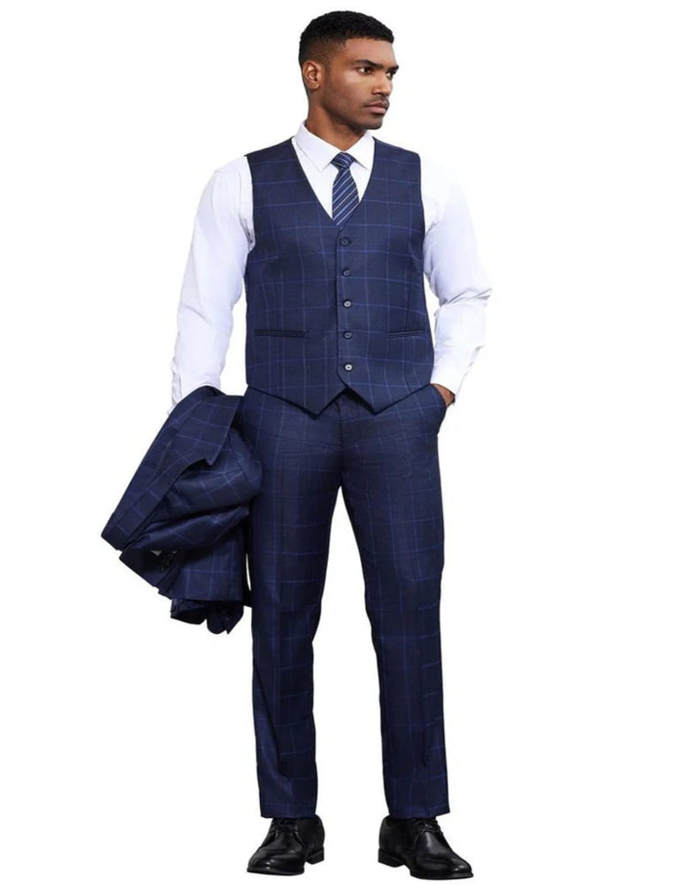 Men's Stacy Adams Classic One Button Vested Navy Blue Windowpane Suit