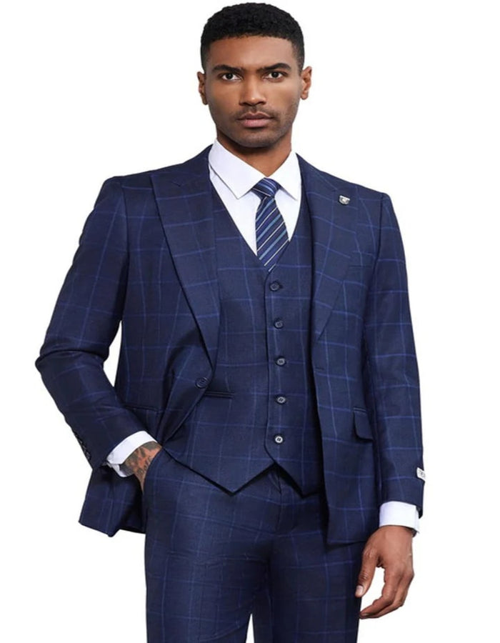 Men's Stacy Adams Classic One Button Vested Navy Blue Windowpane Suit
