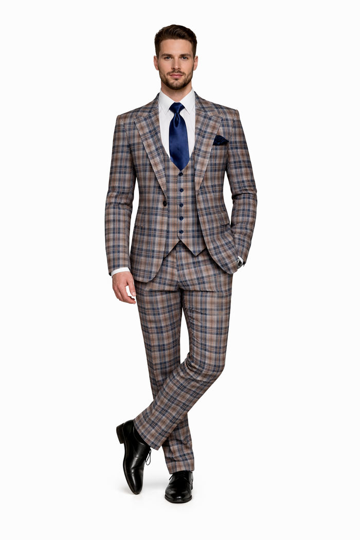 Navy Highland Check 3-Piece Plaid Wedding Suit