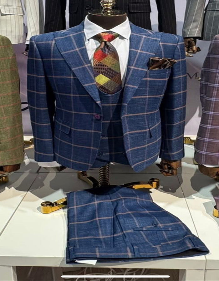 Rossiman Men’s Navy & Gray Plaid Double-Breasted Suit –  Two-Piece Formalwear