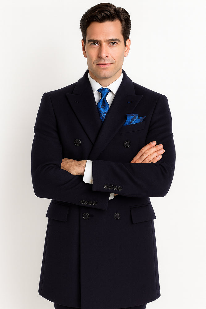 Navy Blue Overcoat - Blue Winter Topcoat - Fabric Double Breasted