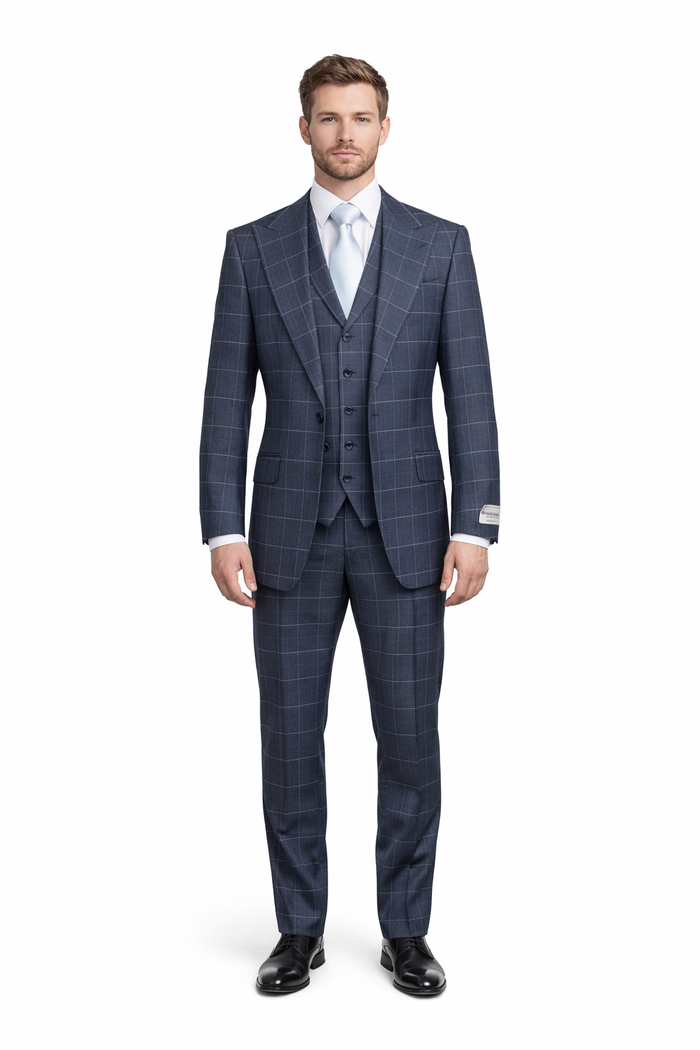 Navy Gridline Windowpane 3-Piece Modern Executive Suit by Rossiman