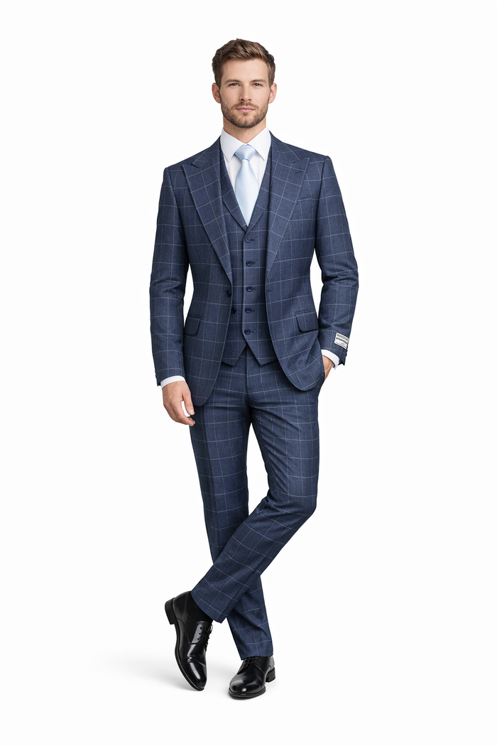 Navy Gridline Windowpane 3-Piece Modern Executive Suit by Rossiman