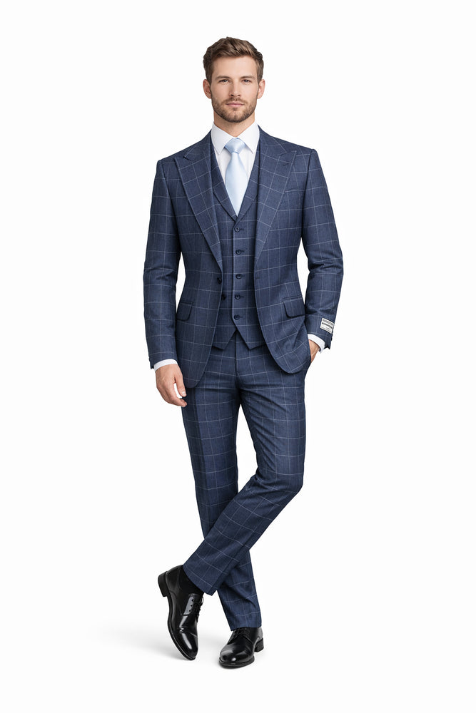 Navy Gridline Windowpane 3-Piece Modern Executive Suit by Rossiman
