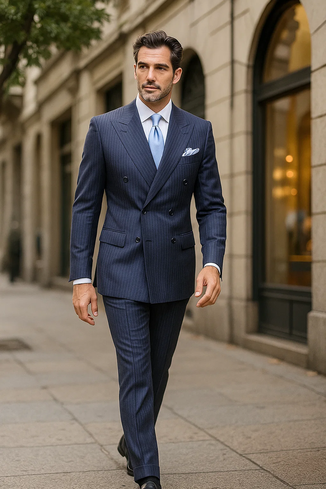 Suits With Baggy Pleated Pants - Wide Leg Pants 100% Wool - Classic Fit in Navy with White Pinstripe Color by Rossiman