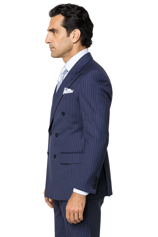 Suits With Baggy Pleated Pants - Wide Leg Pants 100% Wool - Classic Fit in Navy with White Pinstripe Color by Rossiman