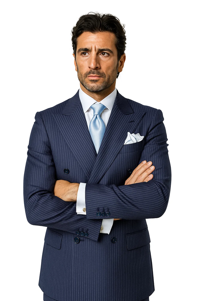 Suits With Baggy Pleated Pants - Wide Leg Pants 100% Wool - Classic Fit in Navy with White Pinstripe Color by Rossiman