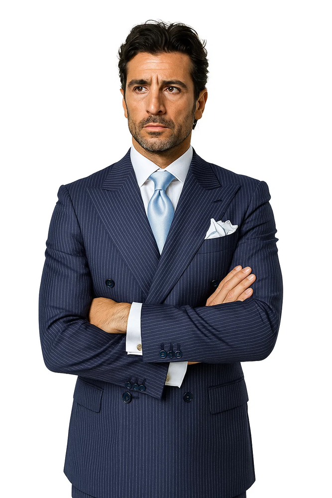 Suits With Baggy Pleated Pants - Wide Leg Pants 100% Wool - Classic Fit in Navy with White Pinstripe Color by Rossiman