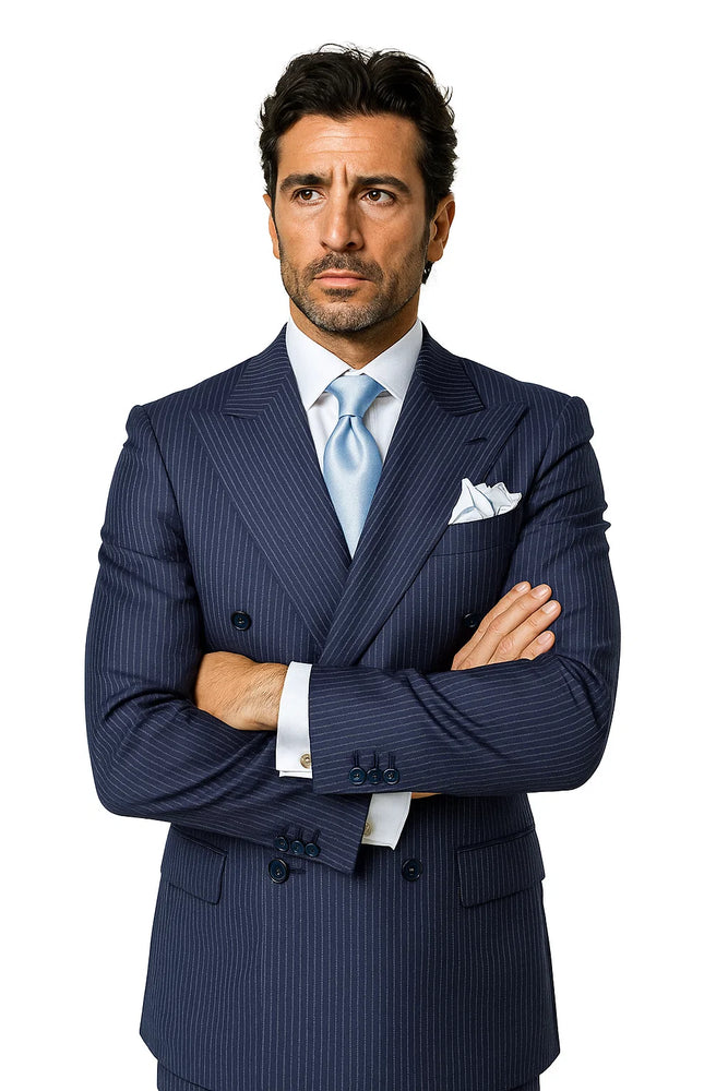Suits With Baggy Pleated Pants - Wide Leg Pants 100% Wool - Classic Fit in Navy with White Pinstripe Color by Rossiman