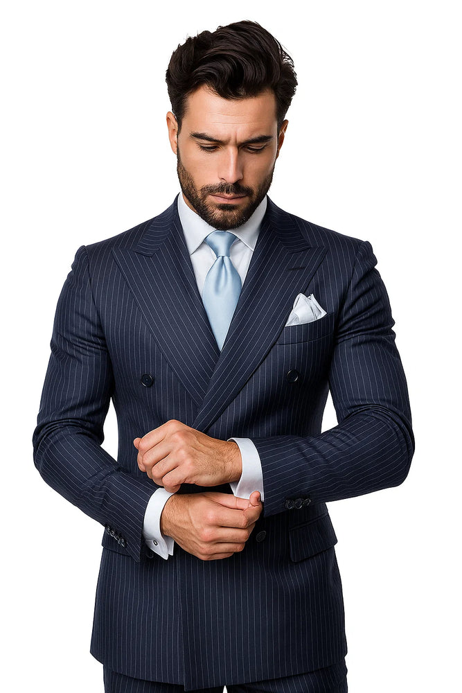 Suits With Baggy Pleated Pants - Wide Leg Pants 100% Wool - Classic Fit in Navy with White Pinstripe Color by Rossiman