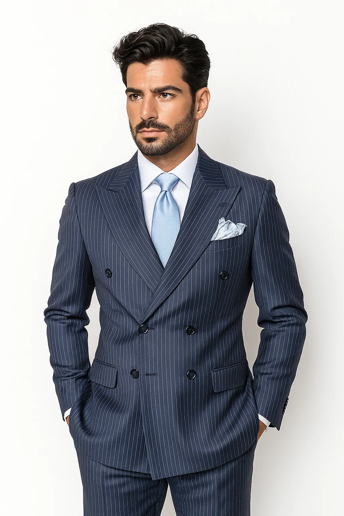 Suits With Baggy Pleated Pants - Wide Leg Pants 100% Wool - Classic Fit in Navy with White Pinstripe Color by Rossiman