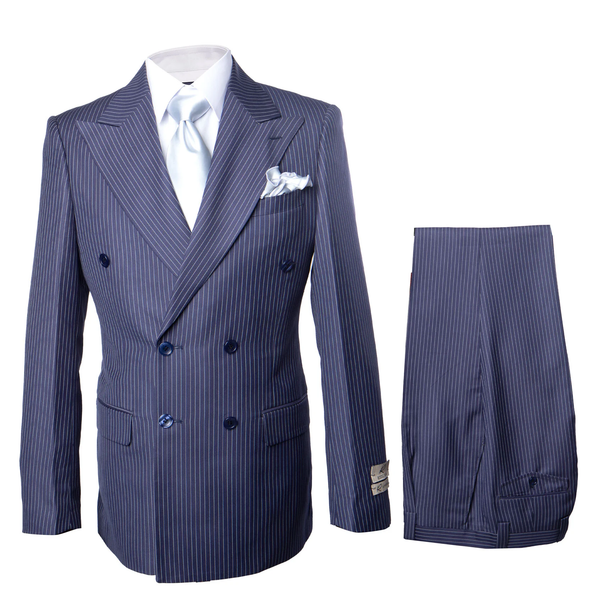 Suits With Baggy Pleated Pants - Wide Leg Pants 100% Wool - Classic Fit in Navy with White Pinstripe Color by Rossiman